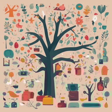 a tree with different objects in its branches