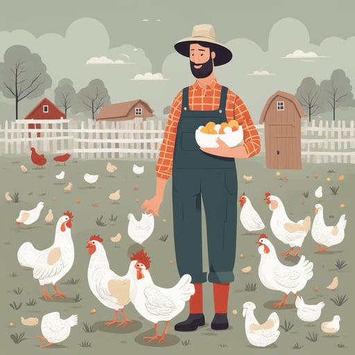 a farmer holding chickens and eggs