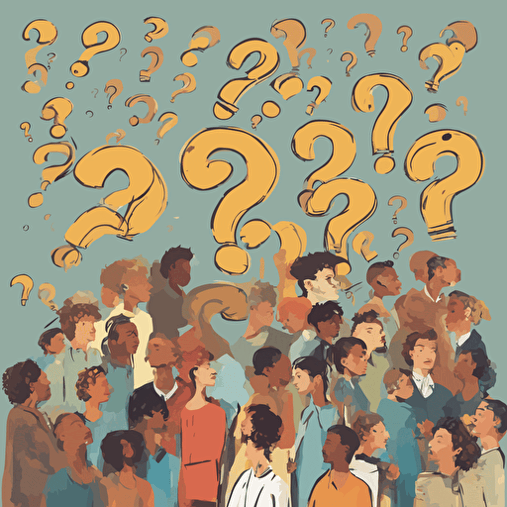 people pondering a question with question marks floating