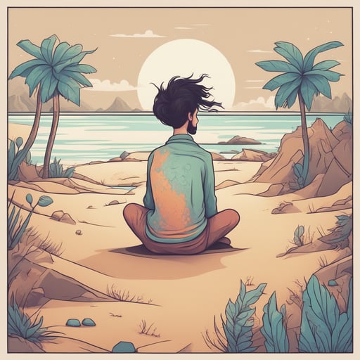 a person stranded on a desert island