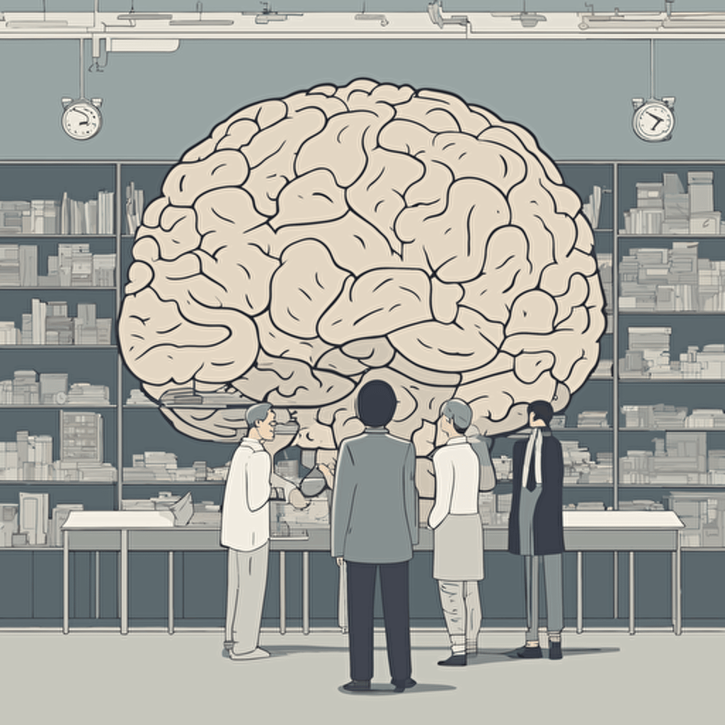 researches standing in front of a gigantic brain