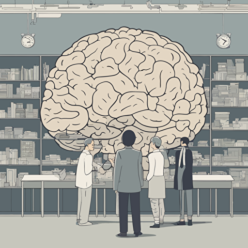 researches standing in front of a gigantic brain
