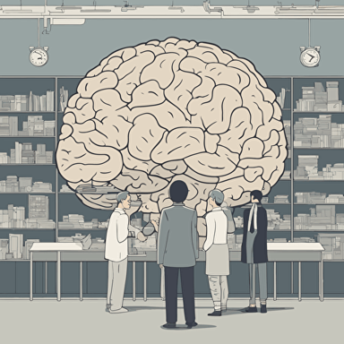 researches standing in front of a gigantic brain