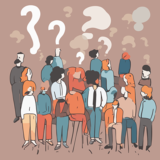 people pondering a question with question marks floating