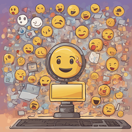 a computer screen with large emojis coming out of it