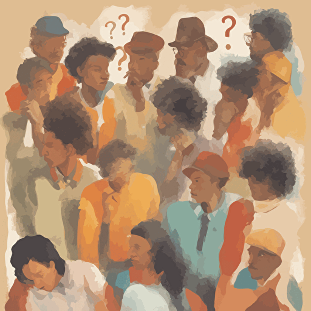 people pondering a question with question marks floating