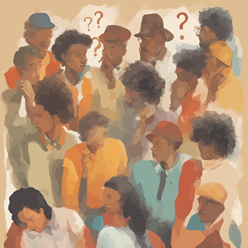 people pondering a question with question marks floating