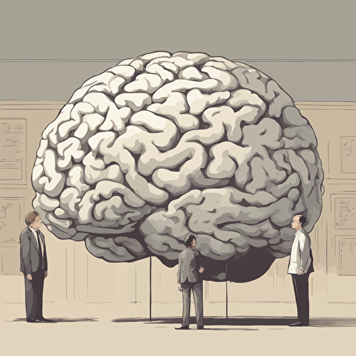 researches standing in front of a gigantic brain