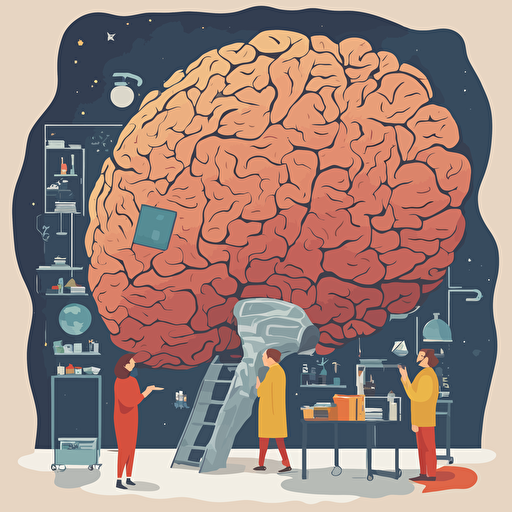 researches standing in front of a gigantic brain