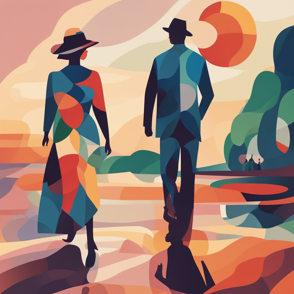 a couple walking together at the sunset