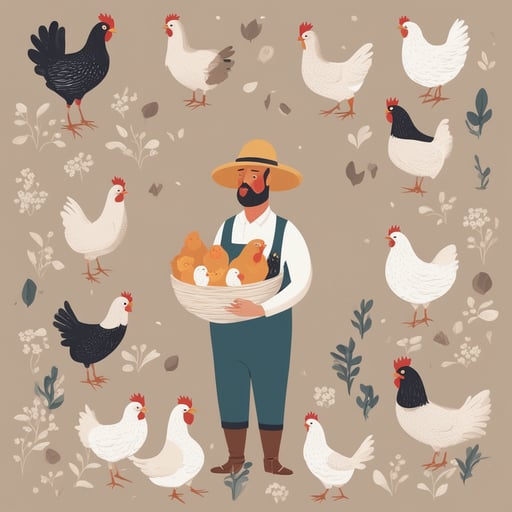 a farmer holding chickens and eggs