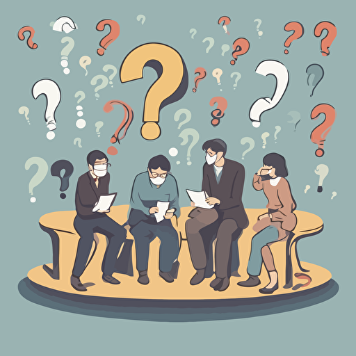 people pondering a question with question marks floating