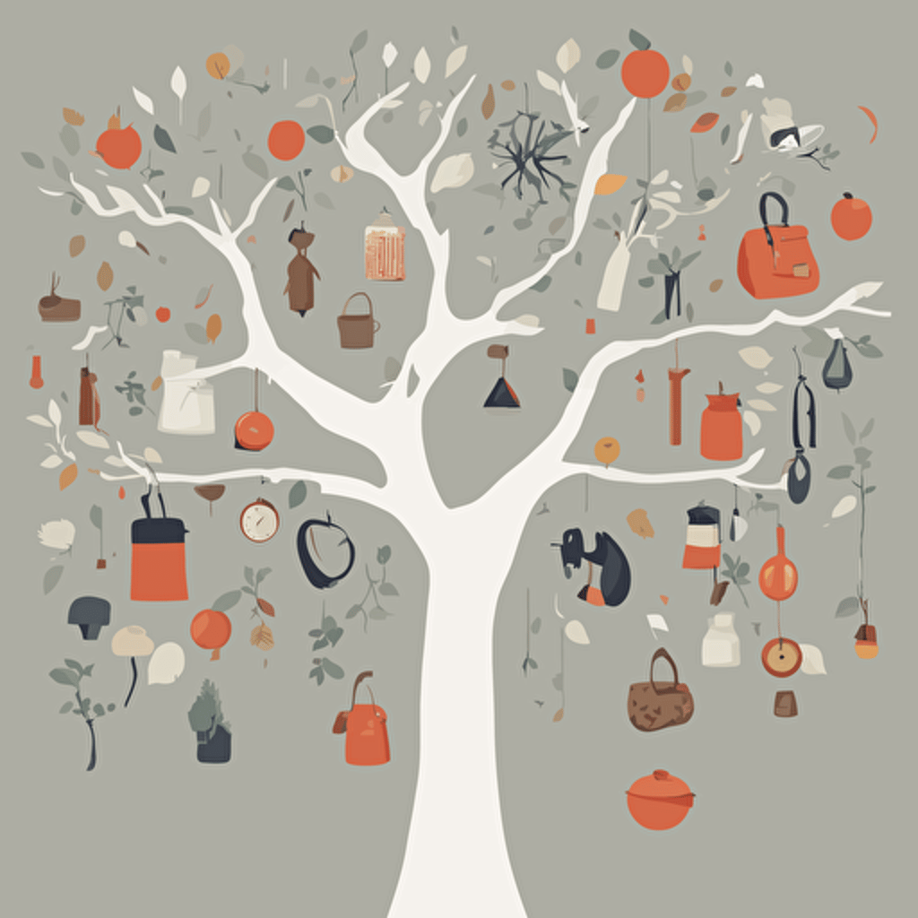 a tree with different objects in its branches