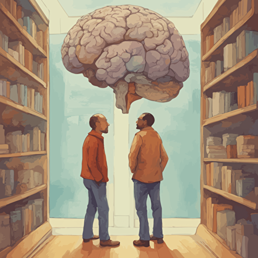 researches standing in front of a gigantic brain