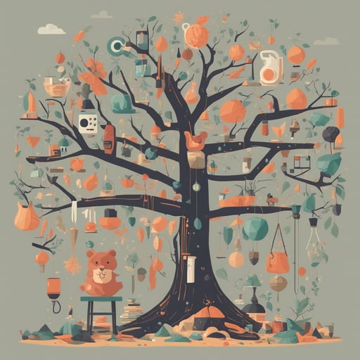 a tree with different objects in its branches