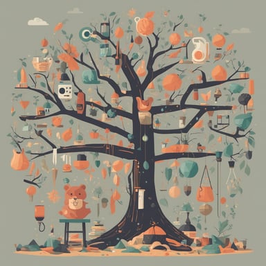 a tree with different objects in its branches