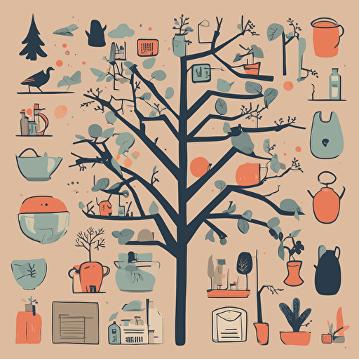 a tree with different objects in its branches