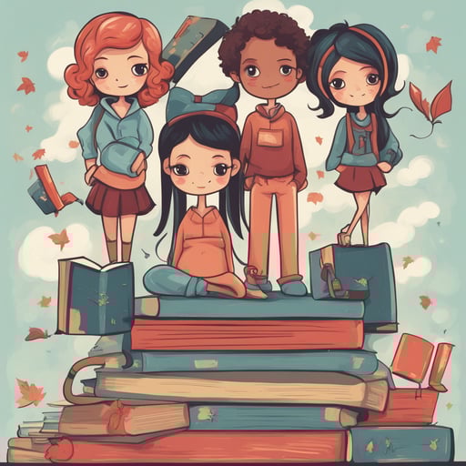 students standing on gigantic books