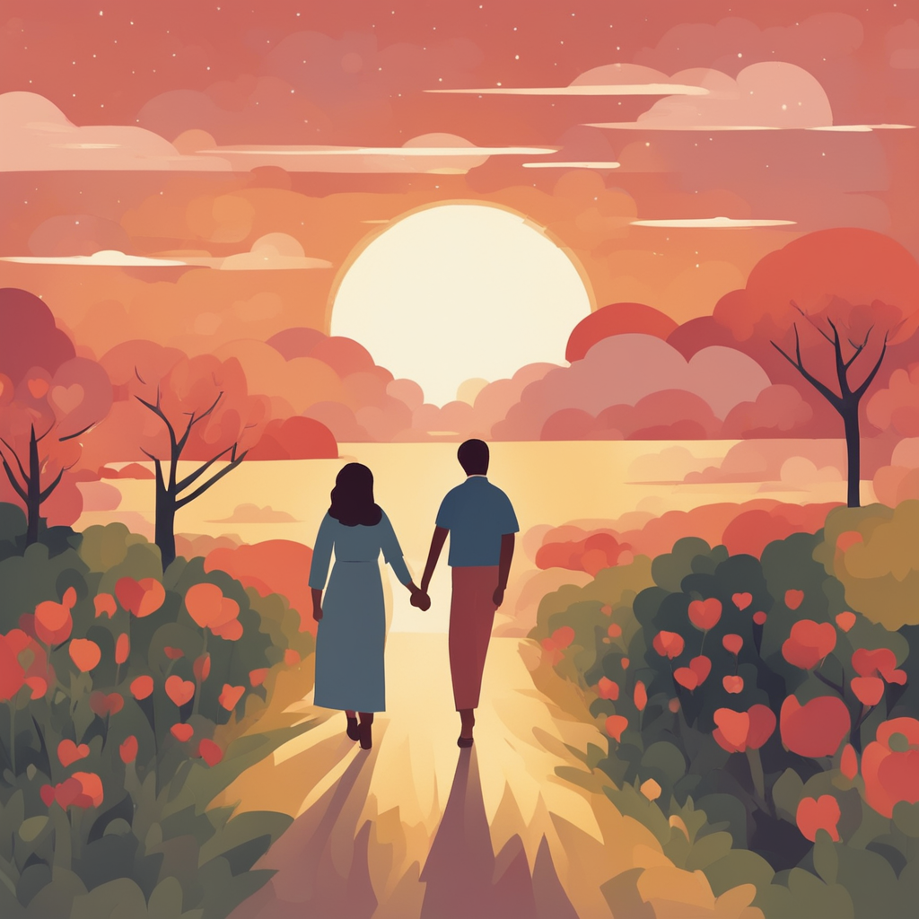 a couple walking together at the sunset