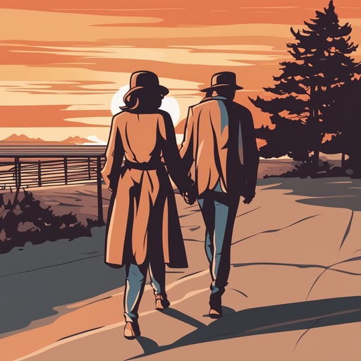 a couple walking together at the sunset