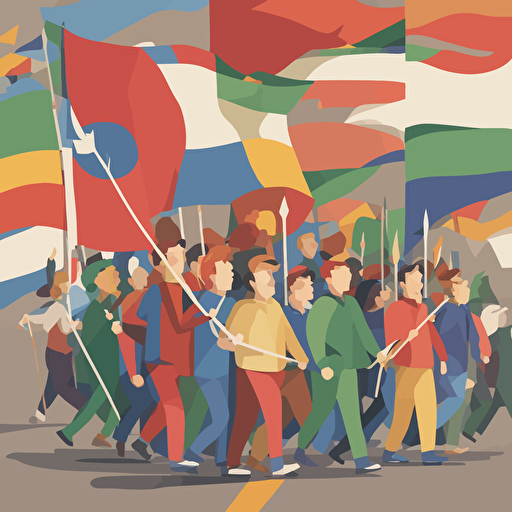 people marching with a man holding a flag with an arrow