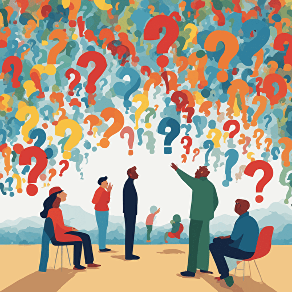 people pondering a question with question marks floating