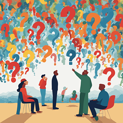 people pondering a question with question marks floating