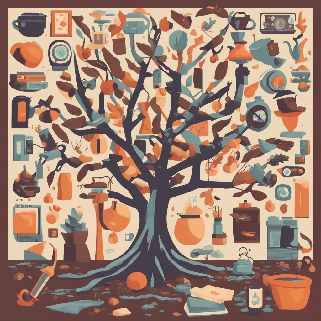 a tree with different objects in its branches