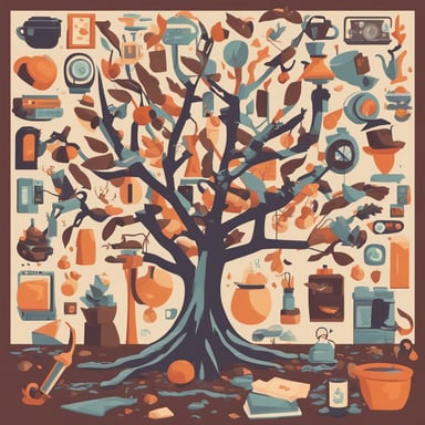 a tree with different objects in its branches