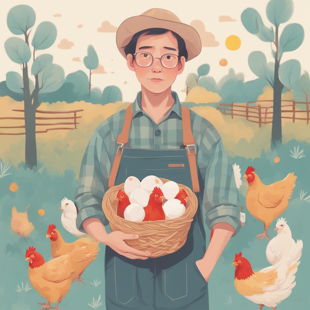 a farmer holding chickens and eggs