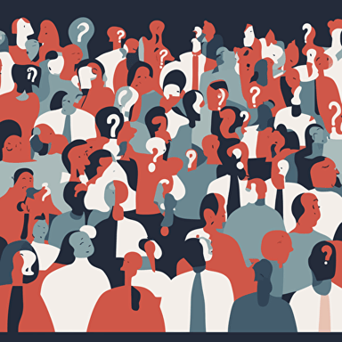 people pondering a question with question marks floating