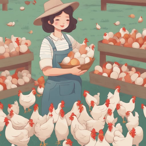 a farmer holding chickens and eggs
