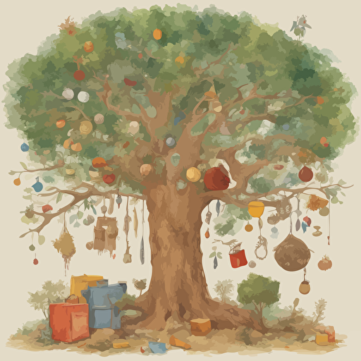 a tree with different objects in its branches