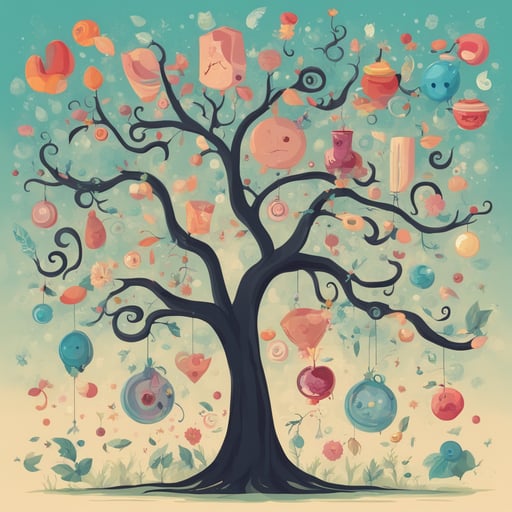 a tree with different objects in its branches