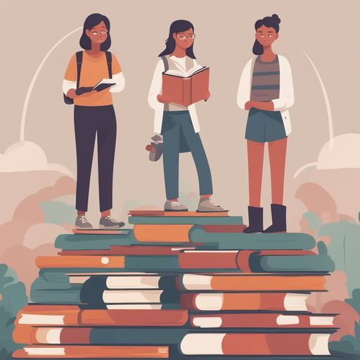 students standing on gigantic books