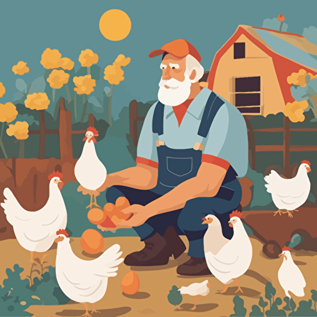 a farmer holding chickens and eggs