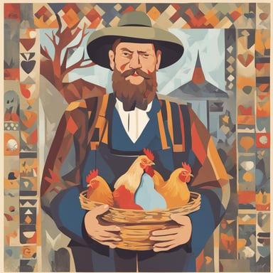 a farmer holding chickens and eggs