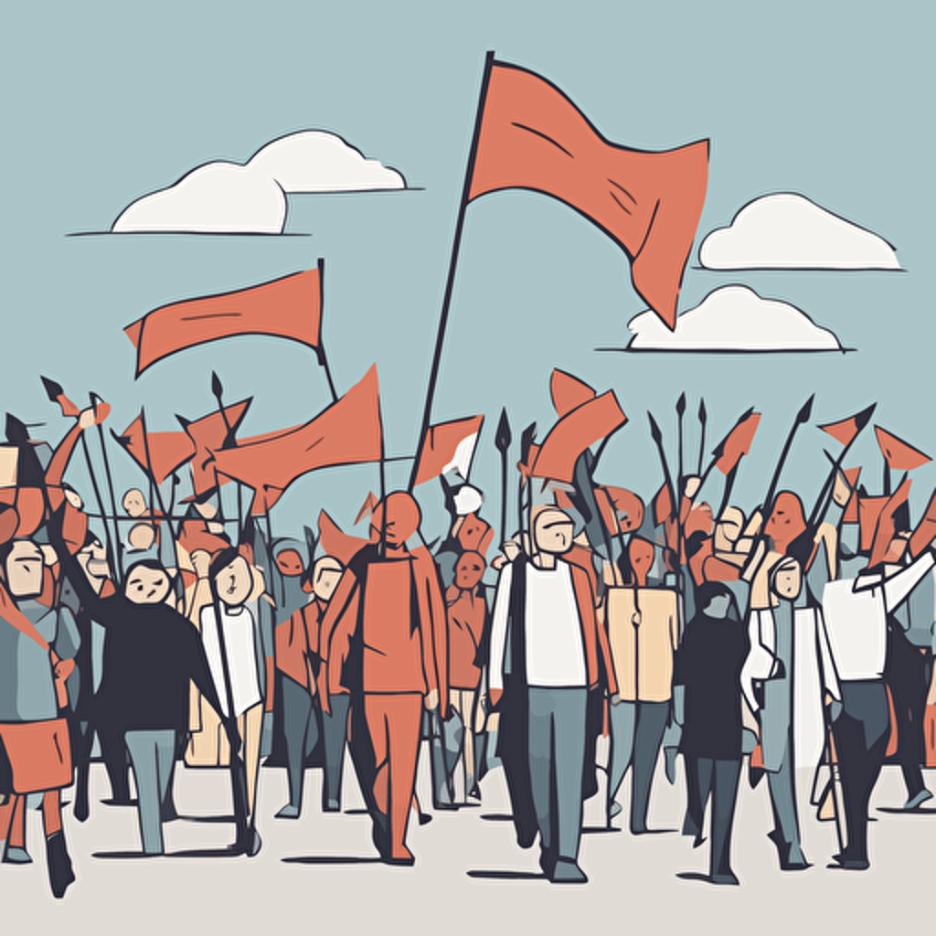 people marching with a man holding a flag with an arrow