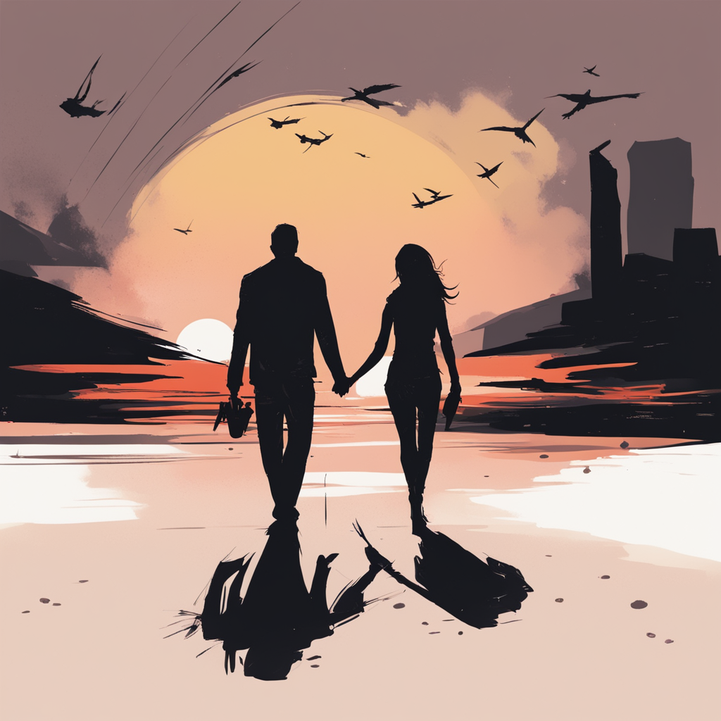 a couple walking together at the sunset