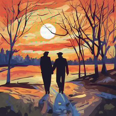 a couple walking together at the sunset