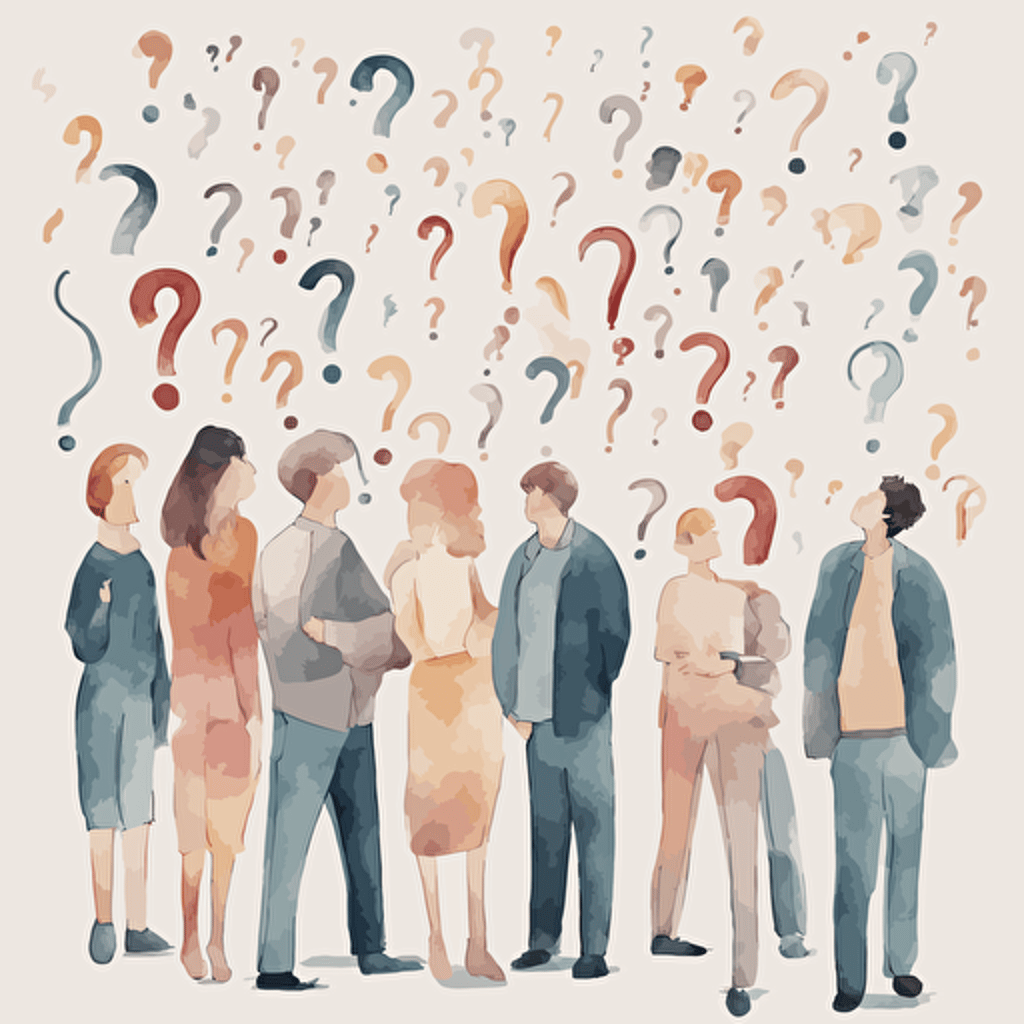 people pondering a question with question marks floating