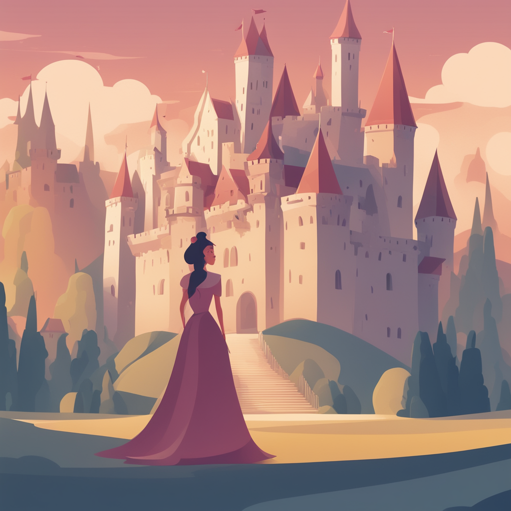 a princess standing in front of a castle