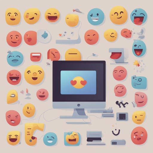 a computer screen with large emojis coming out of it