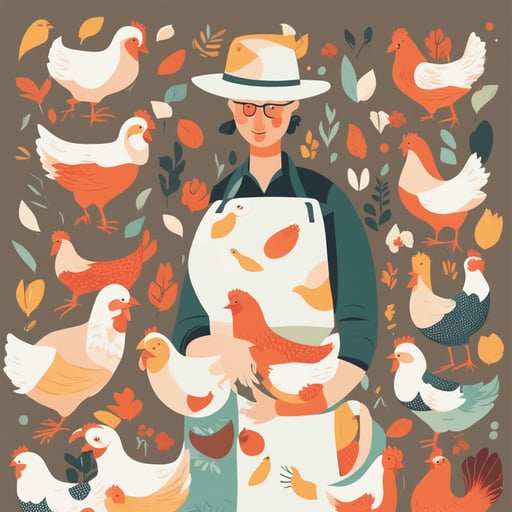 a farmer holding chickens and eggs