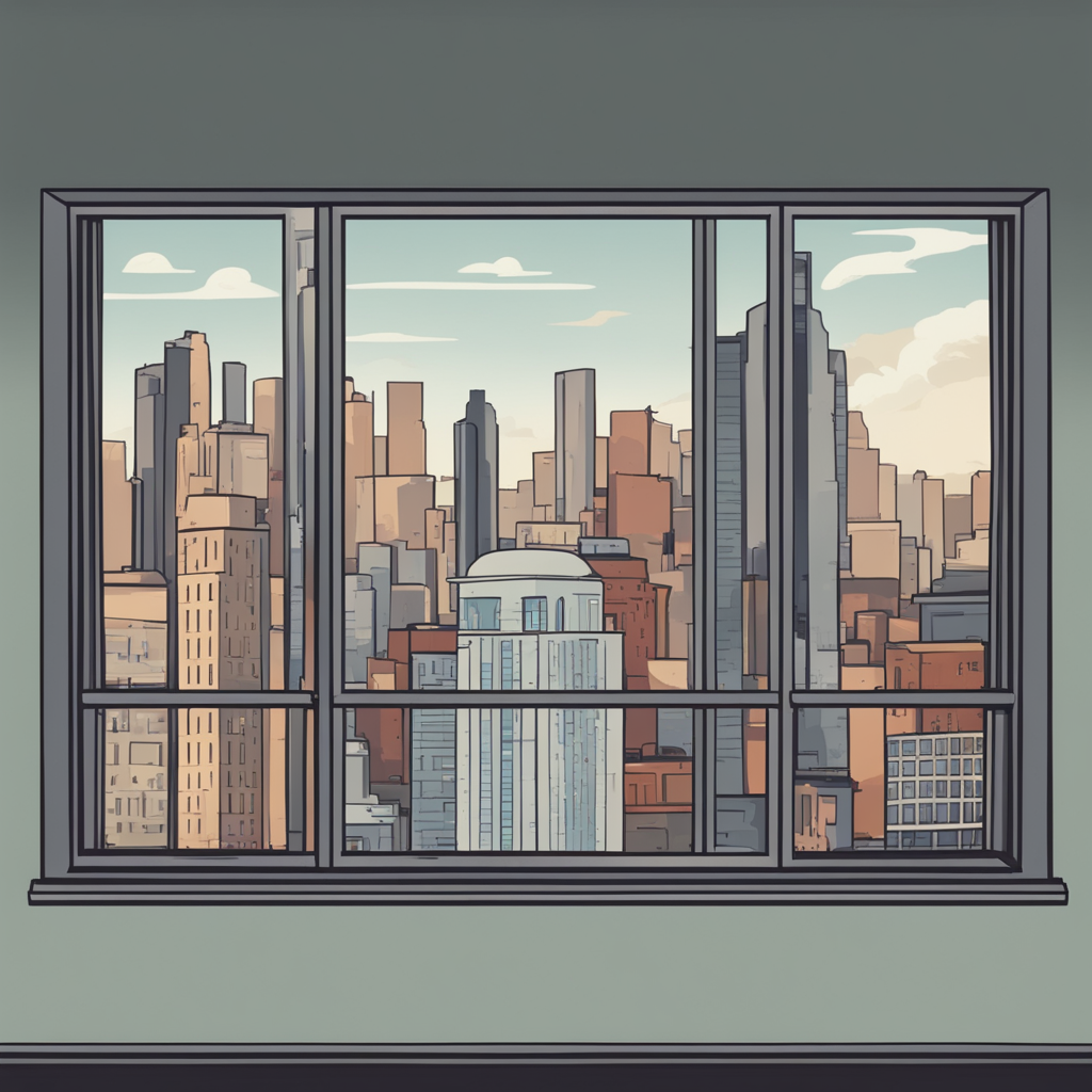 a window with a view of a city