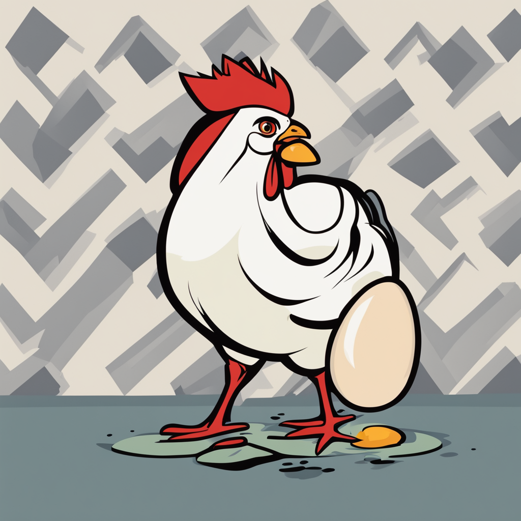 a chicken laying an egg
