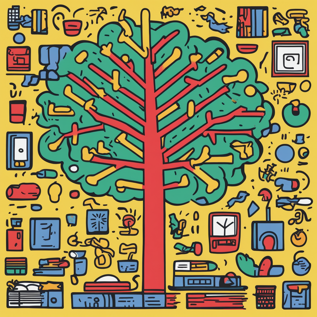 a tree with different objects in its branches