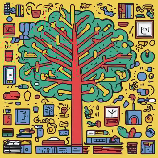 a tree with different objects in its branches