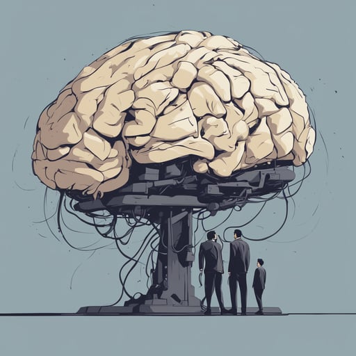 researches standing in front of a gigantic brain