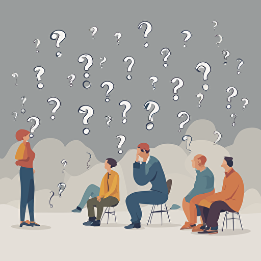 people pondering a question with question marks floating